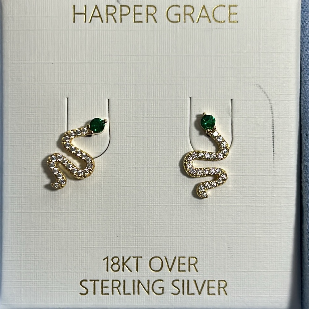 Harper Grace 18 KT over sterling silver Gold and Green Snake‎ Earrings - Picture 3 of 4